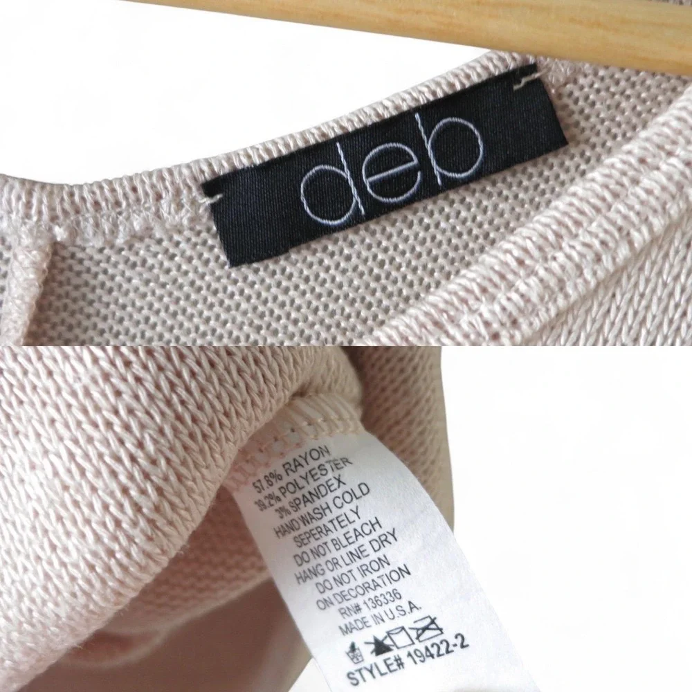 90s DEB Beige Knit Top S Longline Fitted Sweater USA‎ Side Gathered V Neck